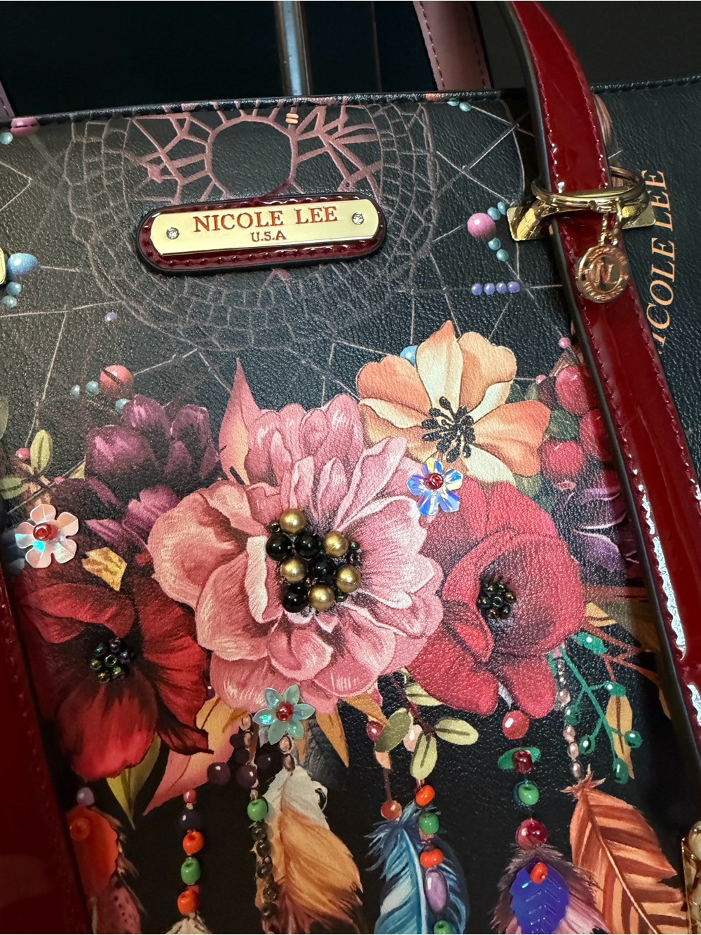Nicole Lee Black Tote with Red Patent Handles and BOHO Floral Dreamcatcher. NEW - Picture 4 of 12